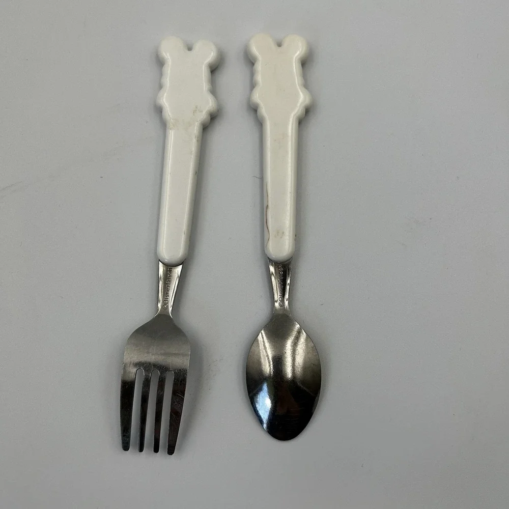 Vintage 80s 90s Minnie‎ Mouse Plastic Handle Fork And Spoon Kid Toddler Baby